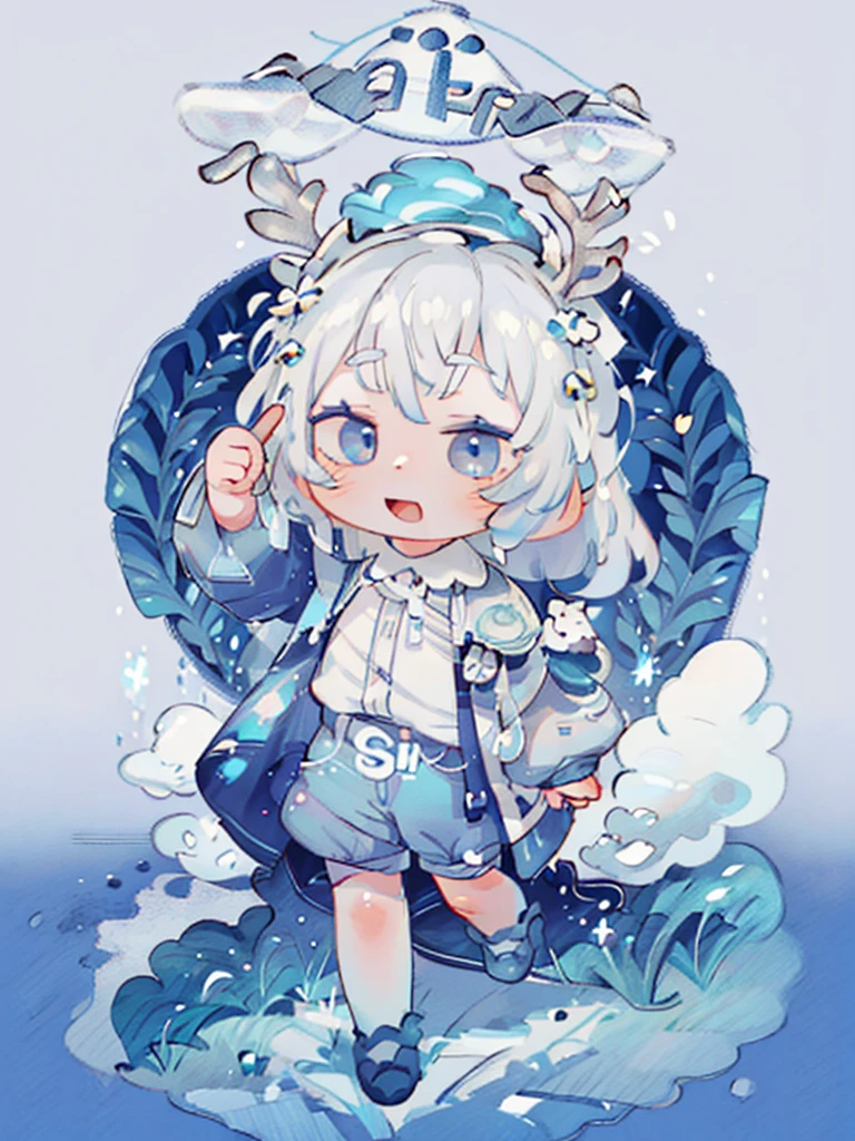 tarot, BORDER, celestial, chibi, masterpiece, best quality, extremely detailed, detailed background, detailed face, 1boy, full-body, solo, pale skin, dark blue hair, deer ears, deer horns, happy expression, white jacket, blue flower, good finger, perfect face, intricate details, mystical forest theme