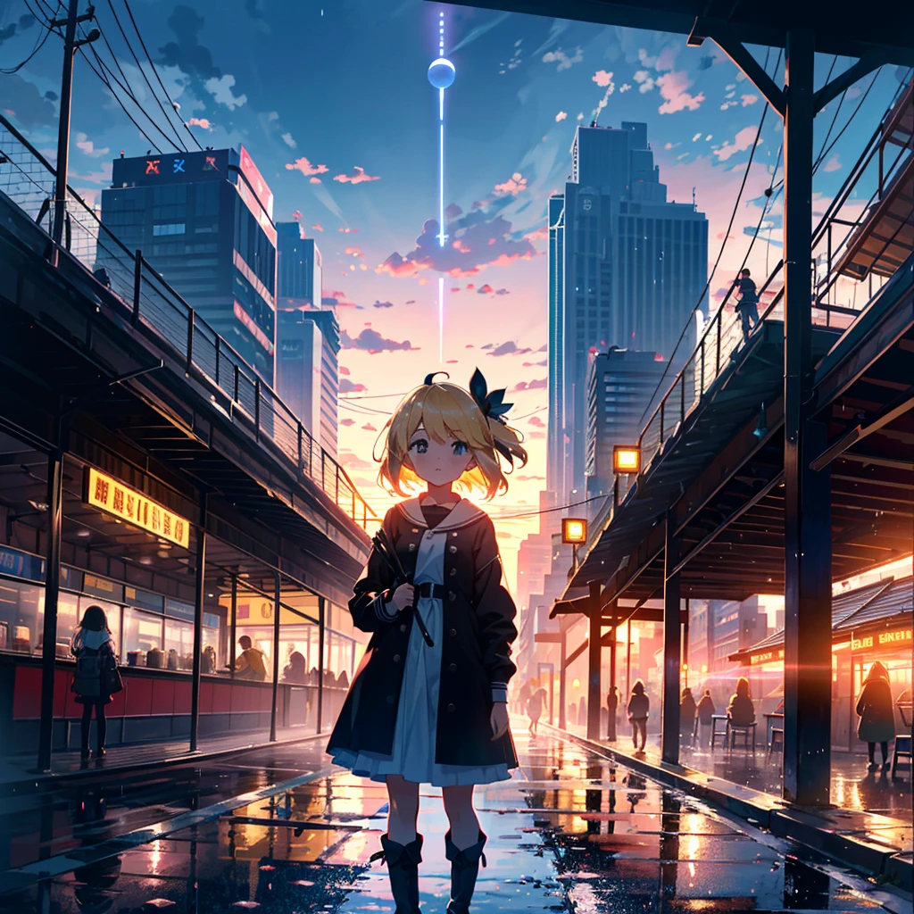 High-definition background, bright and beautiful atmosphere, 3 girls (, (1 short-tempered round face), (1 child)) (hair, surface effects), color effects), small breasts, blonde hair, hustle and bustle in front of the station, Scenery after the rain, girl looking up at the sky with an umbrella, wearing beautiful clothes, yellow boots, deltamon_sdXL:0.73) >Deltamon Negative Prompt