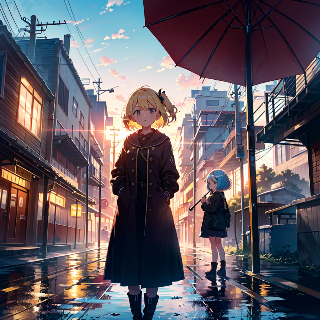 High-definition background, bright and beautiful atmosphere, 3 girls (, (1 short-tempered round face), (1 child)) (hair, surface effects), color effects), small breasts, blonde hair, hustle and bustle in front of the station, Scenery after the rain, girl looking up at the sky with an umbrella, wearing beautiful clothes, yellow boots, deltamon_sdXL:0.73) >Deltamon Negative Prompt
