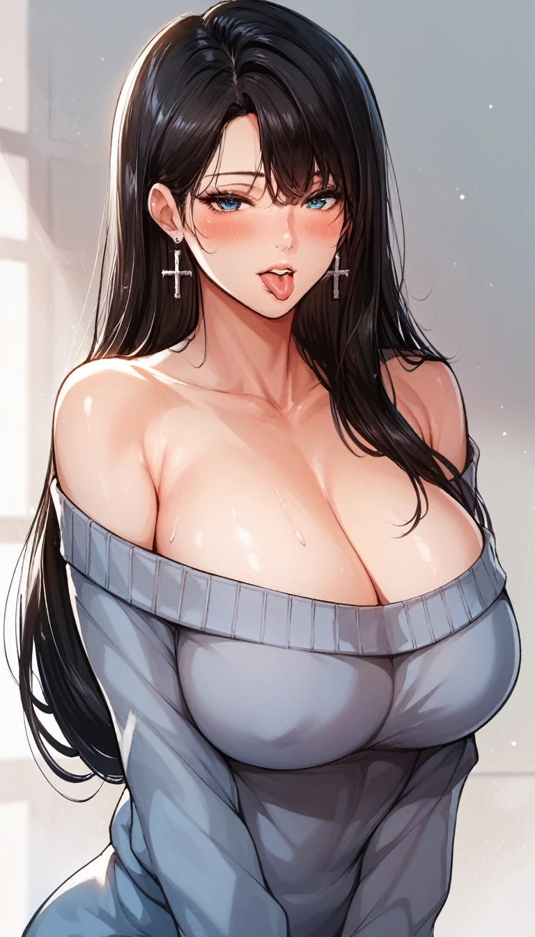 Hot sexy beautiful  milf tongue , big long threader cross earrings,big breasts, ,black hair, blunt hair, tight off shoulder sweater,blue eyes,blush