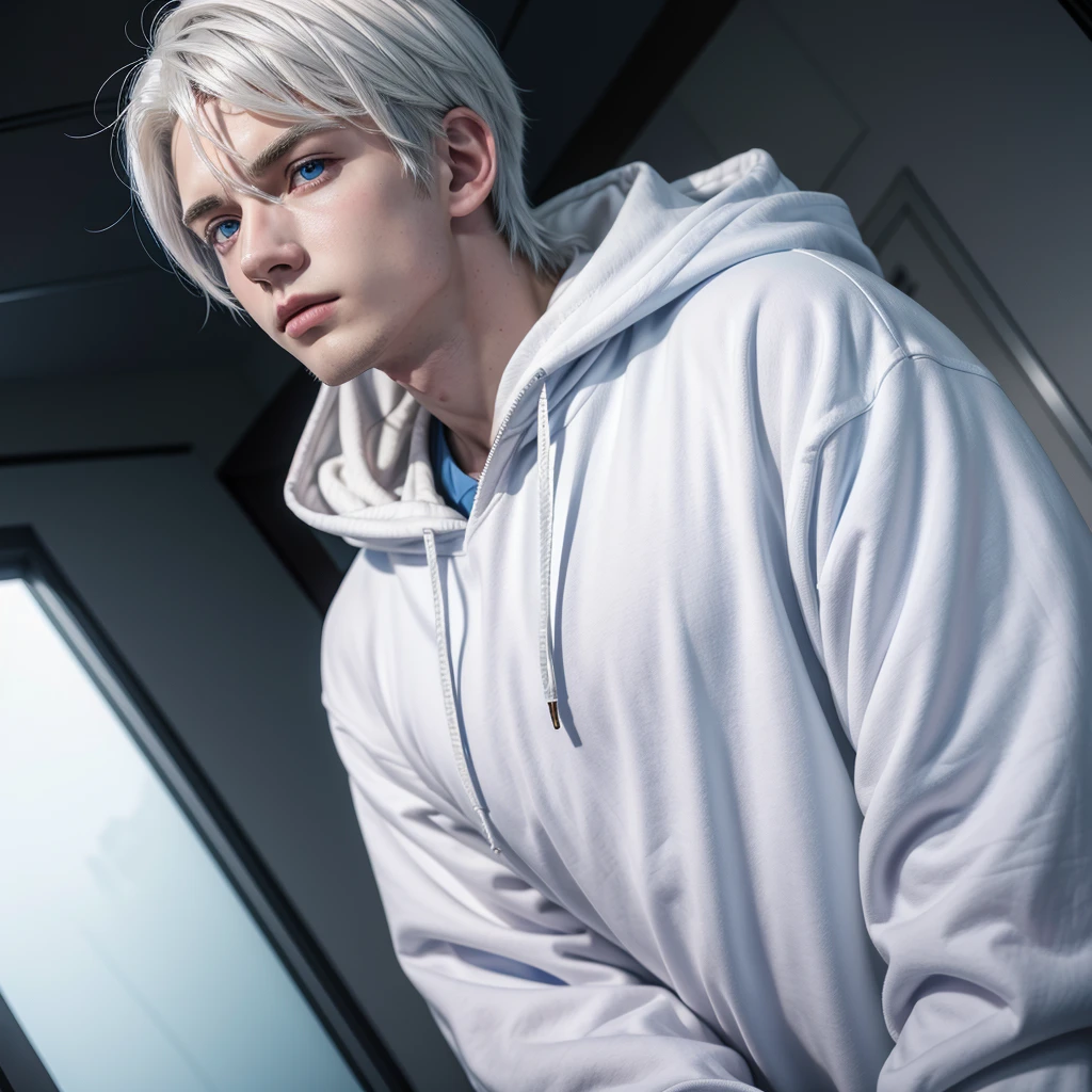 male character with white hair blue eyes wearing white hoodie with blue and black shirt style anime