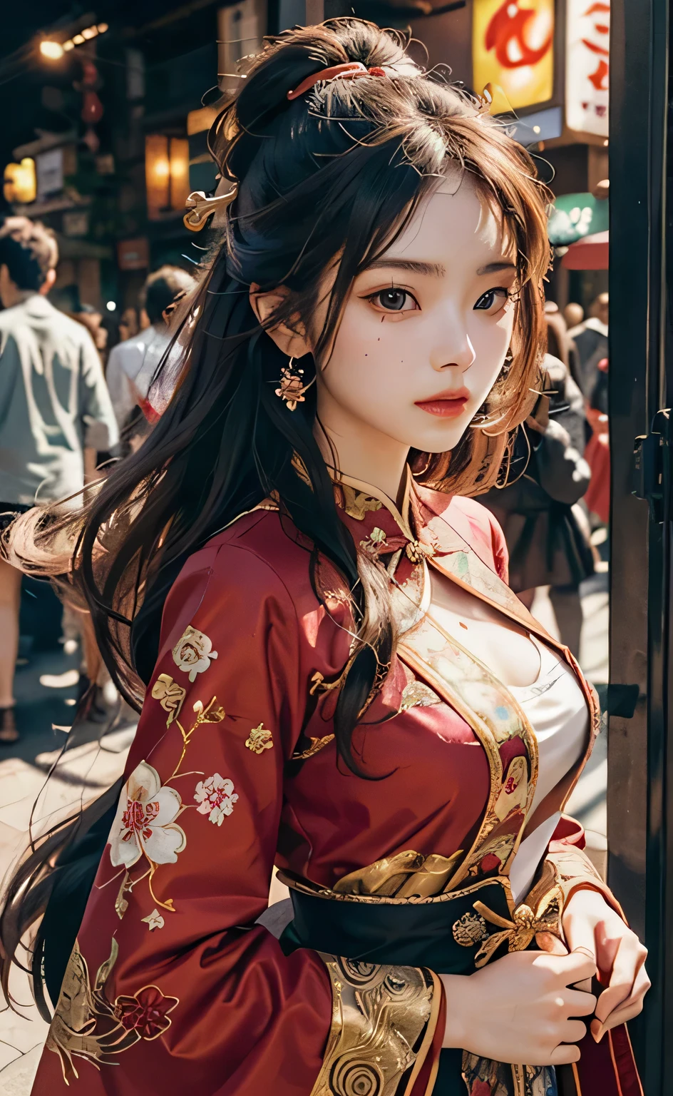 fire, Yohuosh, ((最high quality)), ((masterpiece)), (detailed), One girl, Perfect body, 18-year-old, Small breasts, portrait of a girl with Small breastss who is a fire bender and has a phoenix pet. Her face is exquisitely detailed, With captivating and gorgeous eyes that will draw you in. She is wearing a bright Chinese festival costume., It is decorated with intricate ornamentation and floral patterns.. Elegant earrings and jewelry complement your outfit, Adding to her captivating looks. While walking around Harajuku, The atmosphere is cinematic and wonderful., Neon lights illuminate the surroundings、Creates a bokeh effect. The background is intentionally blurred, Focus on the girl and her enchanting presence. Her hair flows down, It appears to shine in the light, As the flames danced around her, Symbolizes her ability to control fire. Due to the presence of lion dance、This scene gets even more exciting。, Add an element of cultural celebration and vibrancy. fireworks burst in the sky, Add excitement and spectacle. The level of detail in the artwork is hyper-detailed, Make sure every aspect of your composition is well-crafted. Camera angle: A medium close-up shot of the girl's face and upper body, Highlighting her striking features and the intricate details of her outfit. Camera angleを少し傾けることで、It adds dynamism and cinematic atmosphere to the scene.。, Curtain bangs haircut model, Shoulder forward pose, Sharp Black, The shooting angle is a rim lighting shot., It's Golden Hour, Colored hair is rainbow hair,
BREAK,
Ultra-realistic, Intricate Design, insanely detailed, Extremely fine detail, Very sharp lines, Cinematic Lighting, Photo Real, a detailed painting by Esao Andrews and Anton Fadeev, RAW Photos, high detailed, 8K, 超High resolution, Digital SLR, Soft Lighting, High resolution, Warm Light, high quality, Film Grain, Fujifilm XT3, Realistic, masterpiece, 最high quality, hyper-detailed, 8K, Warm Lighting, Soft lighting, masterpiece, 最high quality, detailed, 最high quality, ultra detailed, High resolution, Cinematic Light, splendid and colorful, Out of focus, Raw photo, Portrait Art, absurdes, High Contrast, colorful, The best detailed,