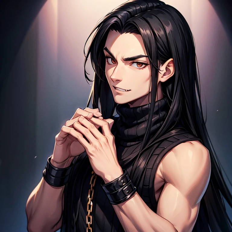 Man with long black hair chains on his hands in a warm knitted sweater fangs 