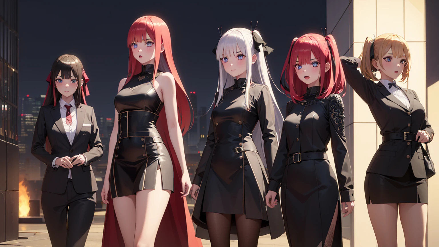 ((4girls:1.5)),nino nakano, short hair, bangs, blue eyes, hair ornament, hair ribbon, pink hair, blunt bangs, two side up, butterfly hair ornament,
BREAK ((Official Outfit:1.5)),
BREAK Cyberpunk_CityView, Before Window, standing at attention,armpits,arm up,
BREAK (masterpiece:1.2), best quality, high resolution, unity 8k wallpaper, (illustration:0.8), (beautiful detailed eyes:1.6), extremely detailed face, perfect lighting, extremely detailed CG, (perfect hands, perfect anatomy),
