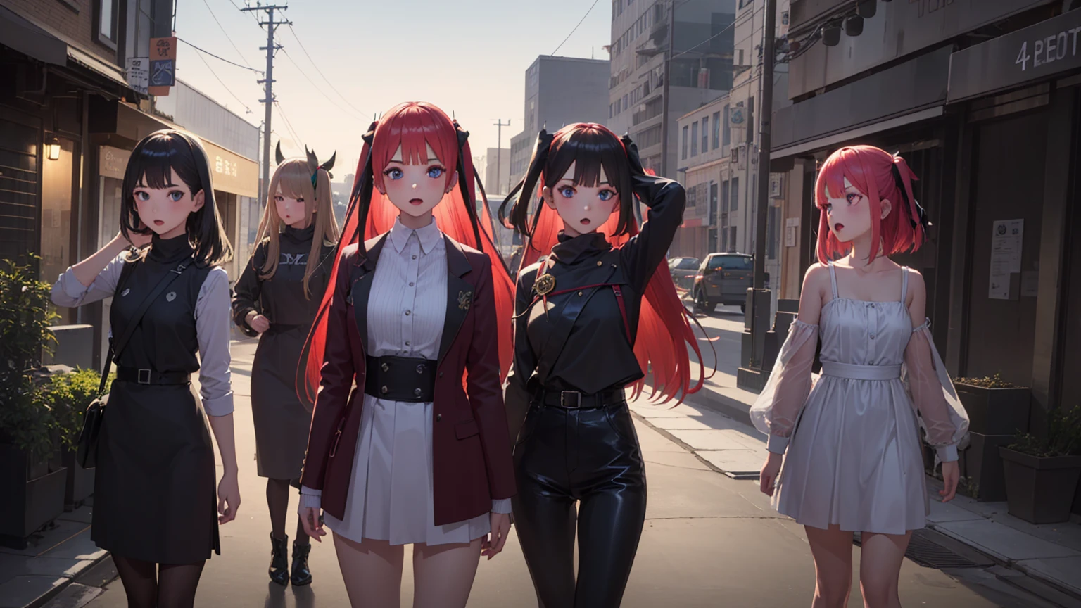 ((4girls:1.5)),nino nakano, short hair, bangs, blue eyes, hair ornament, hair ribbon, pink hair, blunt bangs, two side up, butterfly hair ornament,
BREAK ((Official Outfit:1.5)),
BREAK Cyberpunk_CityView, Before Window, standing at attention,armpits,arm up,
BREAK (masterpiece:1.2), best quality, high resolution, unity 8k wallpaper, (illustration:0.8), (beautiful detailed eyes:1.6), extremely detailed face, perfect lighting, extremely detailed CG, (perfect hands, perfect anatomy),