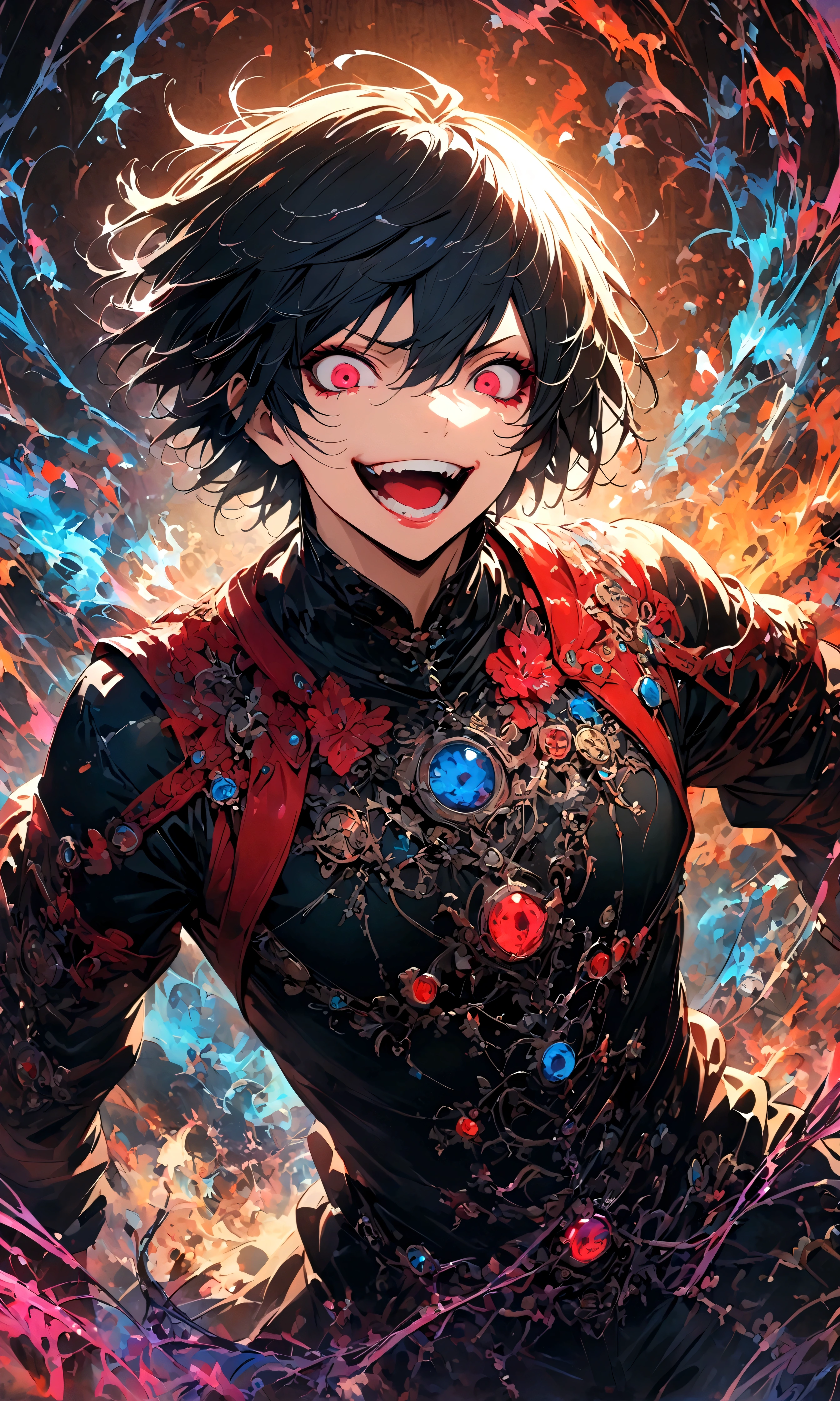 male,Tokyo Ghoul,Ishida Sui's style,Intricate details,artwork,Rendering,(best quality:1.4),(Extremely detailed:1.5),high resolution,Extremely detailed,wallpaper,Dark Fantasy,glare,Fighting Style,Crazy smile,tangled,Best color balance