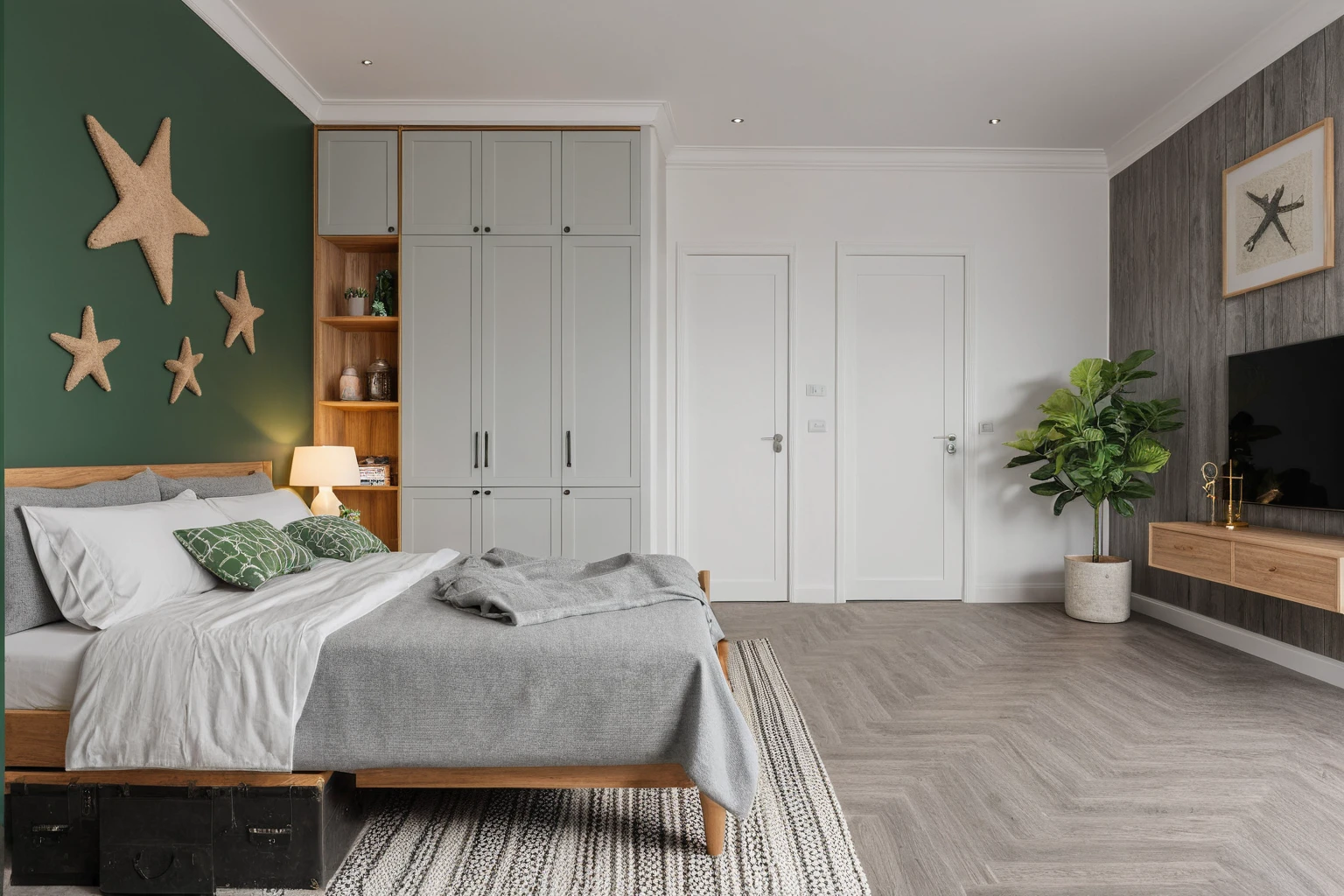 Raw photo,Masterpiece, high quality,Gray and white tones, combined with green, robin hood wall deco, wall deco decorations
, best quality, authentic, super detail, interior, indoors, bedroom style modern , (daylight:1.1), vivid colour, (realistic:1.2),