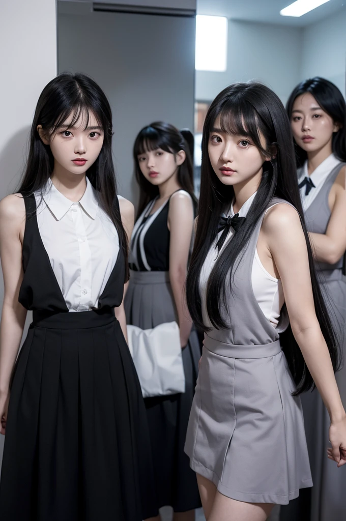Four girls in school uniforms pose for a photo in front of a mirror,jitome,Tentacle hair,Strong muscles,Strong shoulders,Strong body,Expressionless eyes,,Bow your head,Gray hair.Gray long hair,White hair,There are no shoulder straps,Black clothes,(Flat chest 1.2),Angry expression,,Look at the audience,avatar,portrait,Smirk,cruel korean goth girl, korean girl, Gray long hair飘逸,The feeling of the wind blowing,avatar,portrait,,Bangs covering eyes,Flowing hair,Show your arms
