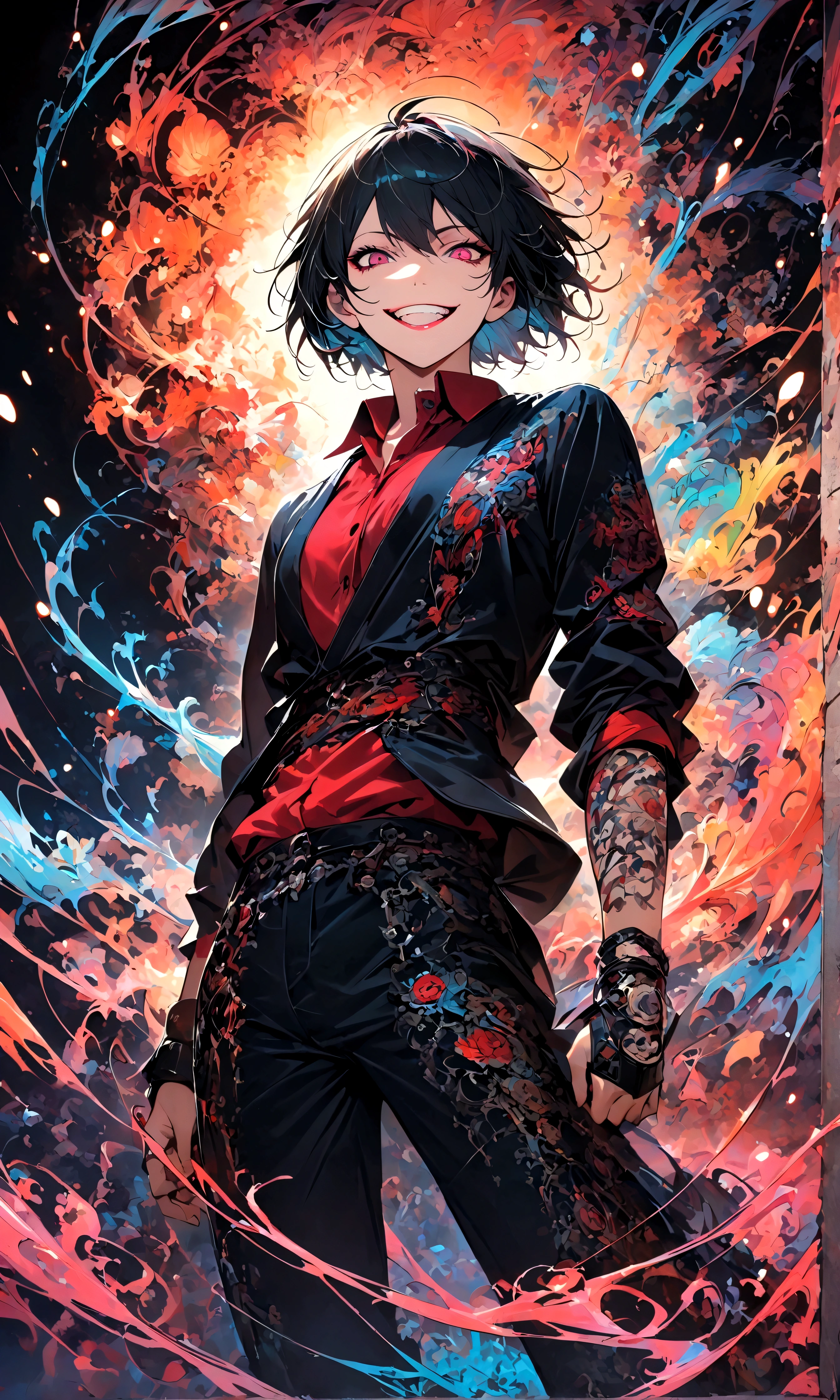 male,Tokyo Ghoul,Ishida Sui's style,Intricate details,artwork,Rendering,(best quality:1.4),(Extremely detailed:1.5),high resolution,Extremely detailed,wallpaper,Dark Fantasy,glare,Fighting Style,Crazy smile,tangled,Best color balance
