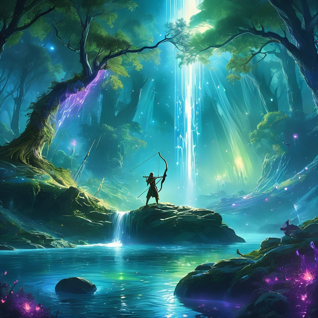 Imagine a fantasy medieval bow resting on a rock by the edge of an enchanted river, its presence radiating an aura of ancient magic. The bow is crafted from a rare, luminous wood that glows softly in the moonlight, with intricate carvings of mythical creatures and runes along its length. The string, seemingly spun from threads of pure silver, glimmers with an ethereal light. Nearby, arrows with feathered fletchings and tips made of crystalline material lie in a quiver. The enchanted river flows gently, its waters shimmering with hues of emerald and sapphire, reflecting the surrounding mystical forest and the bow's magical glow. Capture the serene yet powerful essence of this scene, where the enchanted bow awaits the hand of a skilled archer in a landscape brimming with magic and wonder."