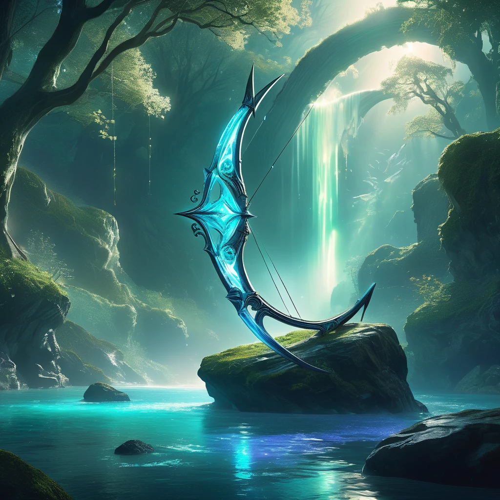 Imagine a fantasy medieval bow resting on a rock by the edge of an enchanted river, its presence radiating an aura of ancient magic. The bow is crafted from a rare, luminous wood that glows softly in the moonlight, with intricate carvings of mythical creatures and runes along its length. The string, seemingly spun from threads of pure silver, glimmers with an ethereal light. Nearby, arrows with feathered fletchings and tips made of crystalline material lie in a quiver. The enchanted river flows gently, its waters shimmering with hues of emerald and sapphire, reflecting the surrounding mystical forest and the bow's magical glow. Capture the serene yet powerful essence of this scene, where the enchanted bow awaits the hand of a skilled archer in a landscape brimming with magic and wonder."