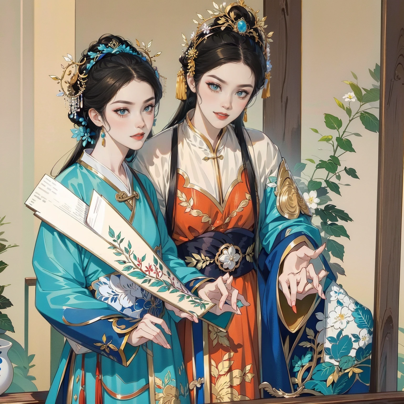 Man holding a sword and woman holding a medical book，Wearing traditional costume，Warm and happy gaze。Bright colors，antiquity