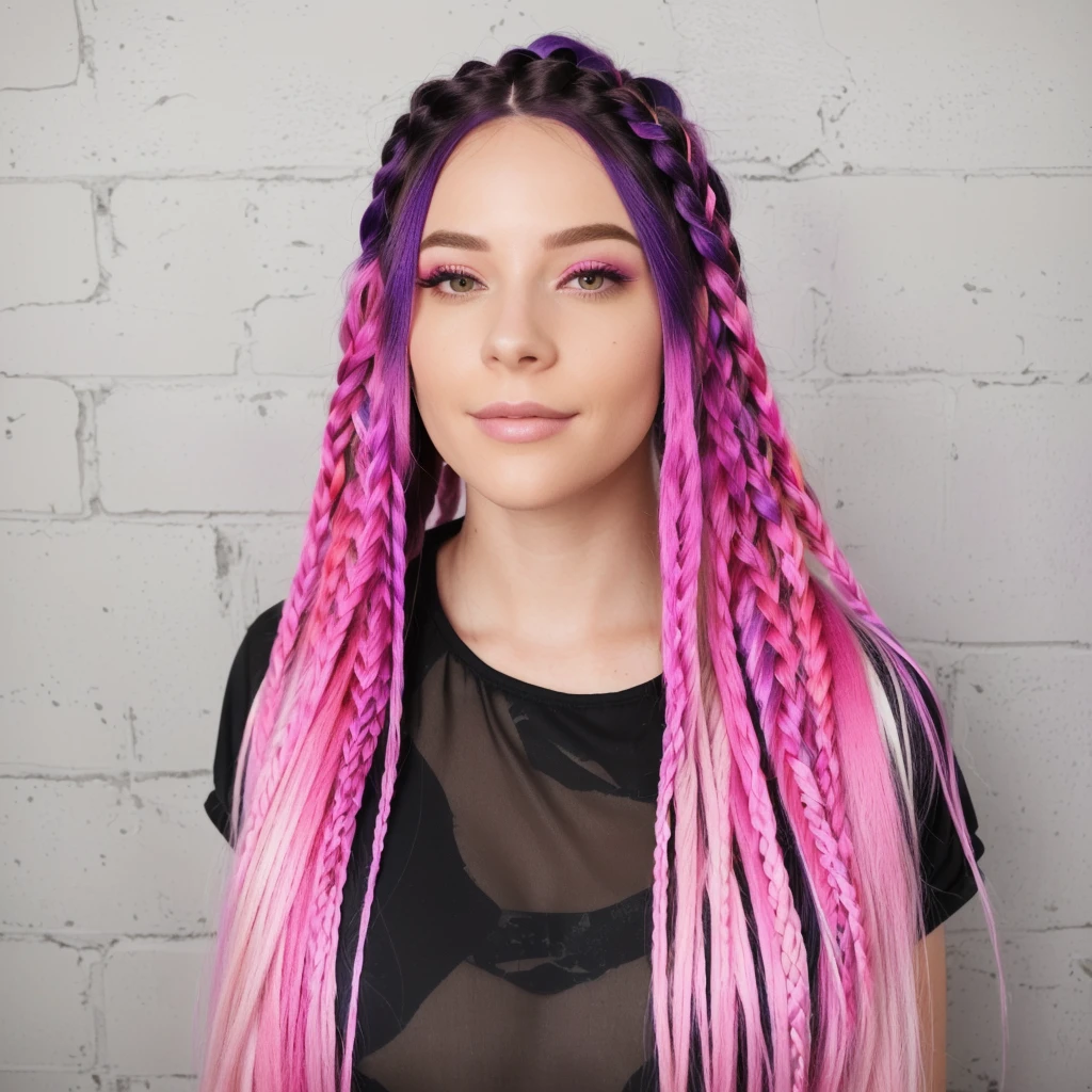 a close up of a person with long pink and purple hair, long braided purple hair, ombre purple and pink hairstyle, elegant fantasy style braids, colorful pigtail, purple and pink hair, box braids, white black fade braided hair, colourful long hair, long braided hair on top of head, brightly coloured hair, black to purple fade hairstyle, girl with plaits