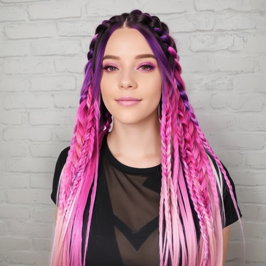 a close up of a person with long pink and purple hair, long braided purple hair, ombre purple and pink hairstyle, elegant fantasy style braids, colorful pigtail, purple and pink hair, box braids, white black fade braided hair, colourful long hair, long braided hair on top of head, brightly coloured hair, black to purple fade hairstyle, girl with plaits