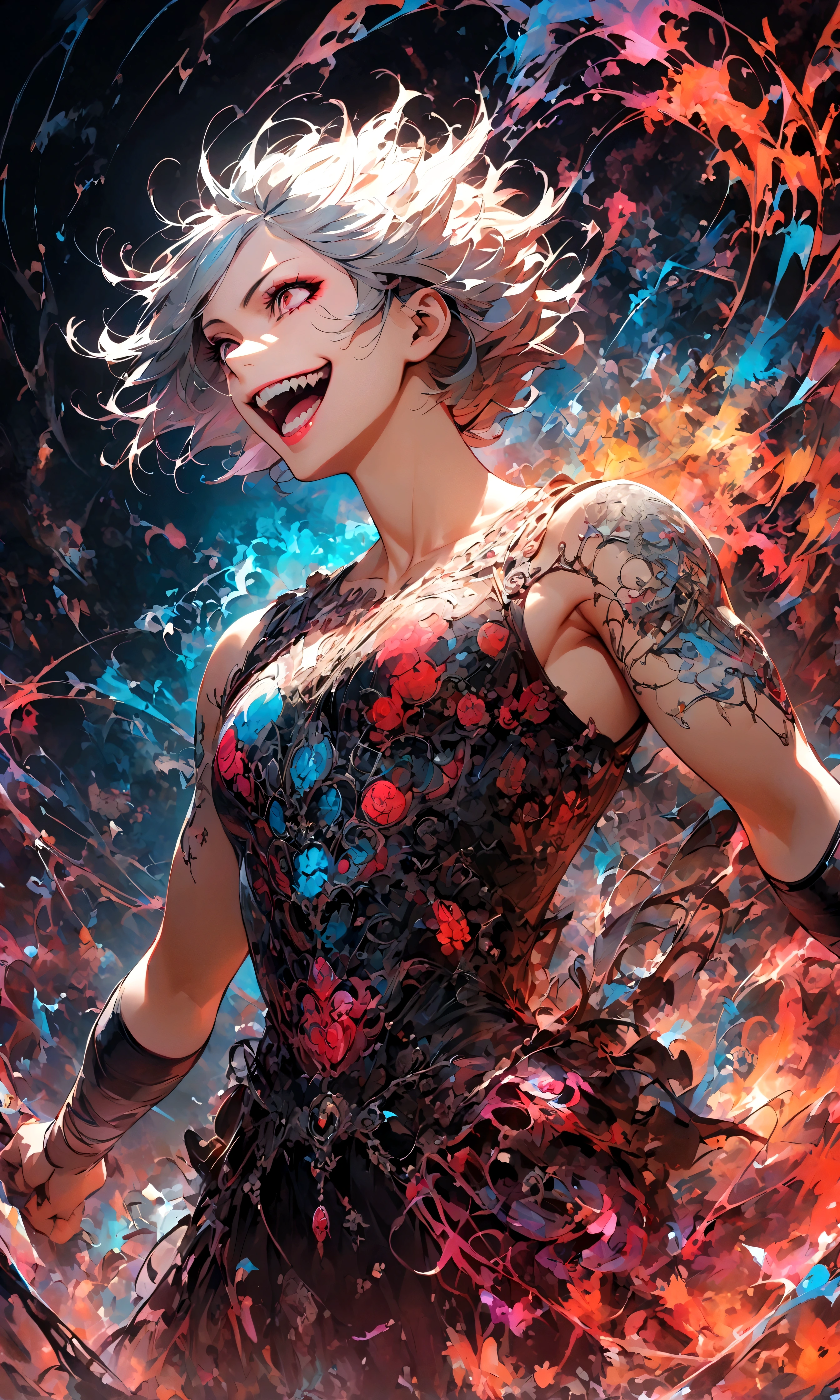male,Tokyo Ghoul,Ishida Sui's style,Intricate details,artwork,Rendering,(best quality:1.4),(Extremely detailed:1.5),high resolution,Extremely detailed,wallpaper,Dark Fantasy,glare,Fighting Style,Crazy smile,tangled,Best color balance