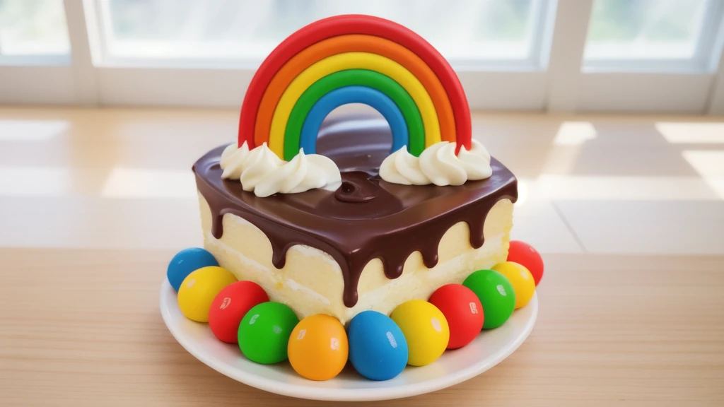 in the kitchen, on a wooden table, on a white porcelain plate, a white square cream cake, colorful m&m's dragees around the cake, drops of chocolate ganache on the cake, cream clouds, a rainbow made of polymer clay, window light, bright lights, soft light, window light, professional lighting, light from the window, neat light, realistic texture, realistic style, detailed texture, high quality, high resolution, high quality rendering, realistic photo, brightning light, macro photo
