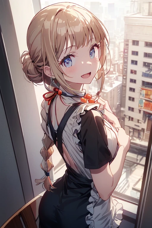 (from above:1.2),(from side:0.9),(A masterpiece of image quality in 8K),(Beautiful Allafed Woman),(((emphasizing breasts:1.1))),(Dynamic angles),(Dynamic and sexy bending pose:1.3),(sit a chair:1.1),(Short hair in shiny silver and orange inner colors,small full breasts,Disturbance of clothing due to movement,breast slip,(Ponytail twisted buns adorned with elaborate braids and beads,Braided Setup Fishbone Hair,),(see-through bangs),(perky chest:1.1), (pointed chest:1.3), small breasts、(((A white lace apron that shows your bare skin from under your small breasts)))、Blush with embarrassment、Enraptured eyes、A smile that beguiles the viewer、(Look back:1.7)、Look into the photographer,skin glistening with sweat,gazing at viewer,,(Professional Lighting),(8K,masutepiece,top-quality,Ultra-high resolution output image,),(Ultra HD with complex detail image modes),depth of fields,Beautiful hands,Beautiful fingers,Detailed finger features,(Detailed hair features:1.7),detailed facial features,detailed clothes features, (perky chest:1.1), (pointed chest:1.3), seductive weak smiling,(with sparkling eyes and a contagious smile),little open mouth,

