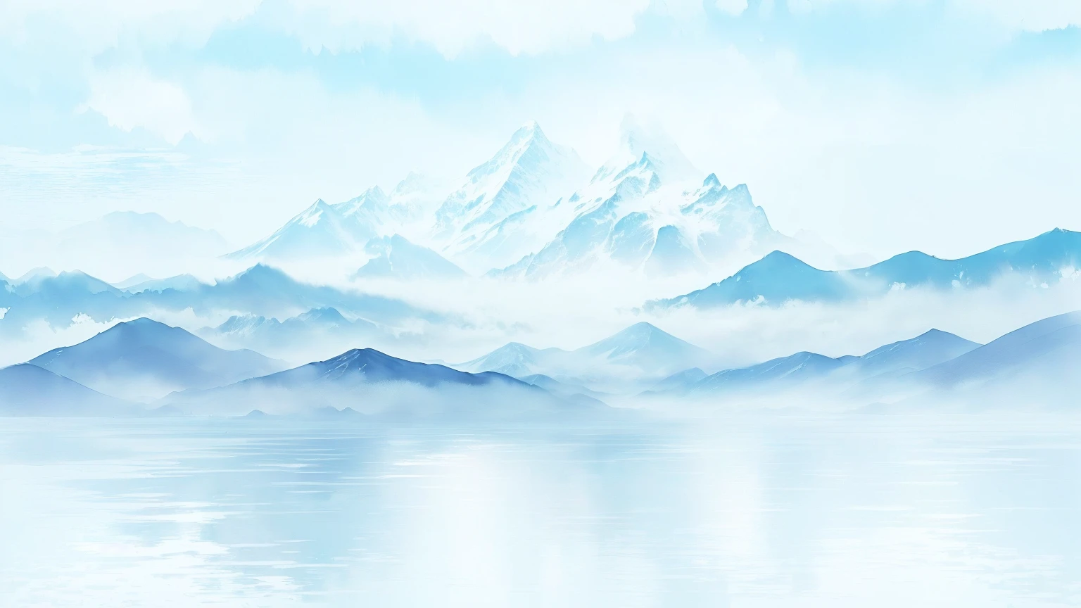 There is a painting,There is a mountain range in the painting,A lake in the foreground, 雾Mountains in the background, Detailed scenery —width 672, Mountain background, water landscape, Hazy background, background mountains, Mountains in the background, Mountain background, Lake Background, mountains background, Mountains and lakes, There are some mountains in the background, Landscape background, Watercolor Numbers, Landscape background