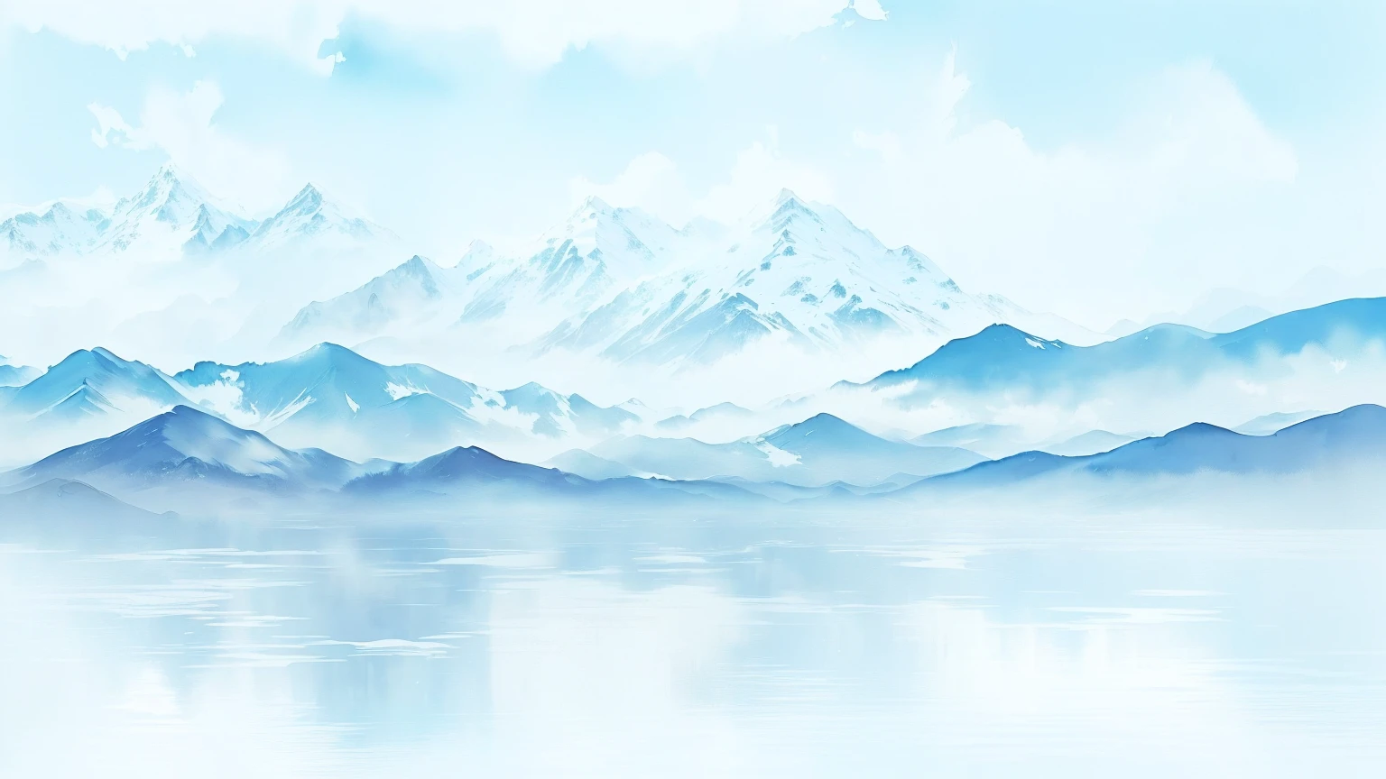 There is a painting,There is a mountain range in the painting,A lake in the foreground, 雾Mountains in the background, Detailed scenery —width 672, Mountain background, water landscape, Hazy background, background mountains, Mountains in the background, Mountain background, Lake Background, mountains background, Mountains and lakes, There are some mountains in the background, Landscape background, Watercolor Numbers, Landscape background