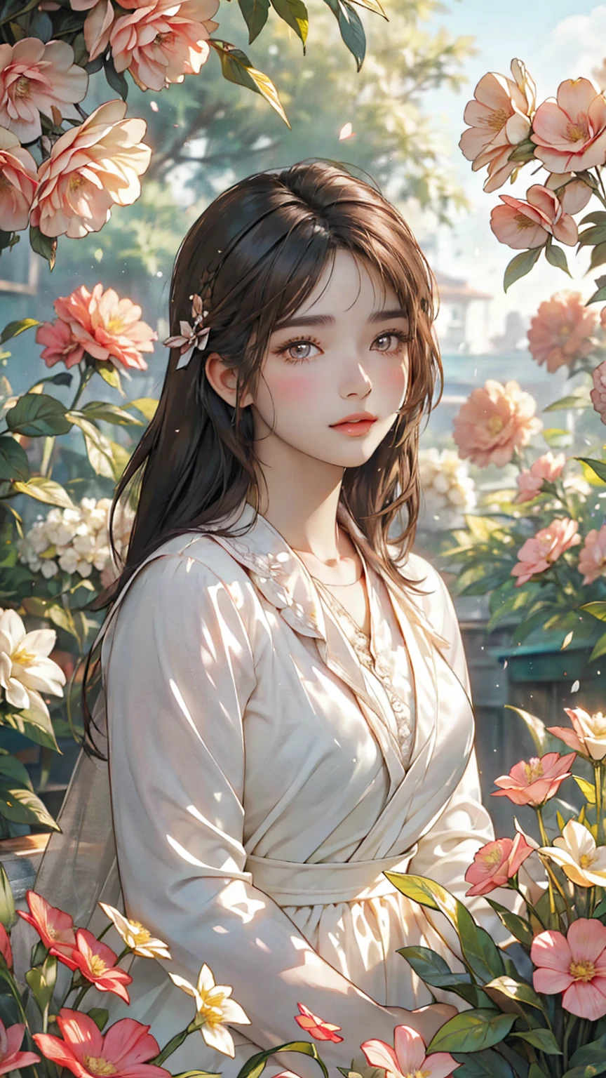 (best quality, highres),brown hair,bow on head,girl,beautiful detailed eyes,beautiful detailed lips,long eyelashes,soft facial features,flower garden background, vibrant colors,pleasant lighting,artistic rendering,