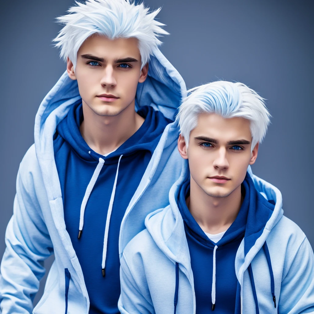 male character with white hair blue eyes wearing white hoodie with blue and black shirt style anime