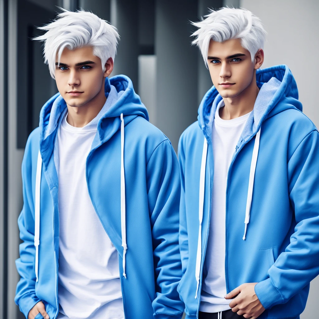 male character with white hair blue eyes wearing white hoodie with blue and black shirt style anime