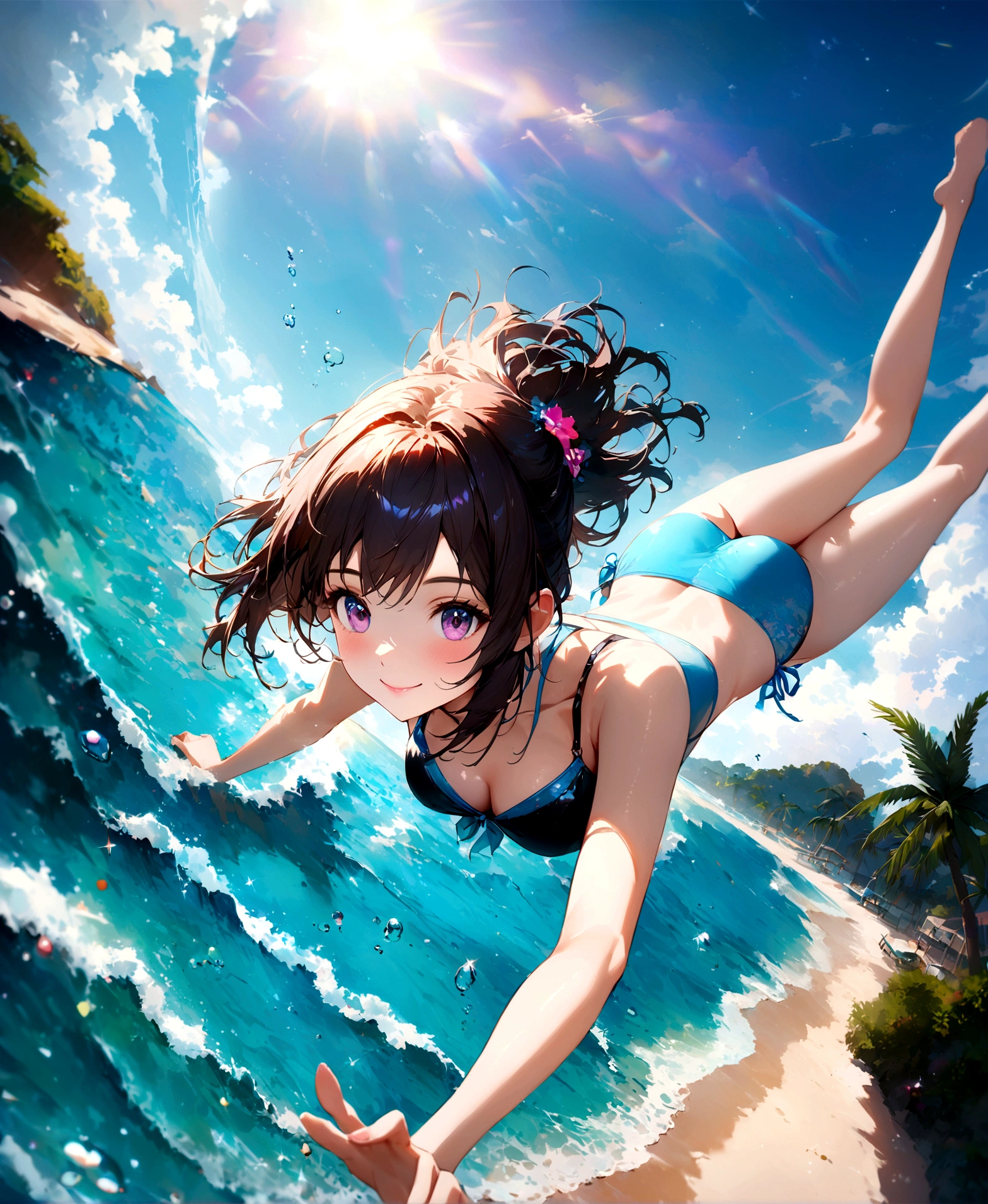 Sparkling sea and tropical ocean, Sunny sky with fluffy white clouds, Palm trees along the coast, Blur the background,Pleasant sea breeze,high school girl,Swimwear,short hair,smile,Glitter effect,Highest quality, 4K, 8K, High resolution, masterpiece:1.2, Very detailed, Realistic:1.37, High resolution, 超High resolution, Ultra-fine painting, Sharp focus, Physically Based Rendering, Very detailedな説明, Professional, Vibrant colors