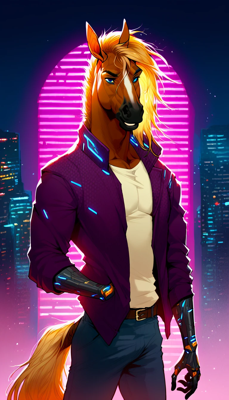 score_9, score_8_up, score_7_up, (cyberpunk buildings, cyberpunk neon signs, cyberpunk cars, cyberpunk-style city on background),
((Horse:1.2), anthro, solo, male, (portrait, standing), (holding), ((wearing clothes)), ((have fur)), beautiful, (have cyberpunk augmentations, cyberpunk implants, cyberpunk-style additions:1.75)