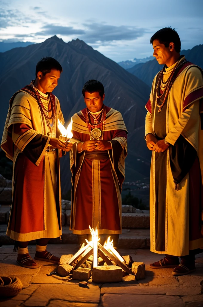 Inca priests lighting a ceremonial fire at an altar