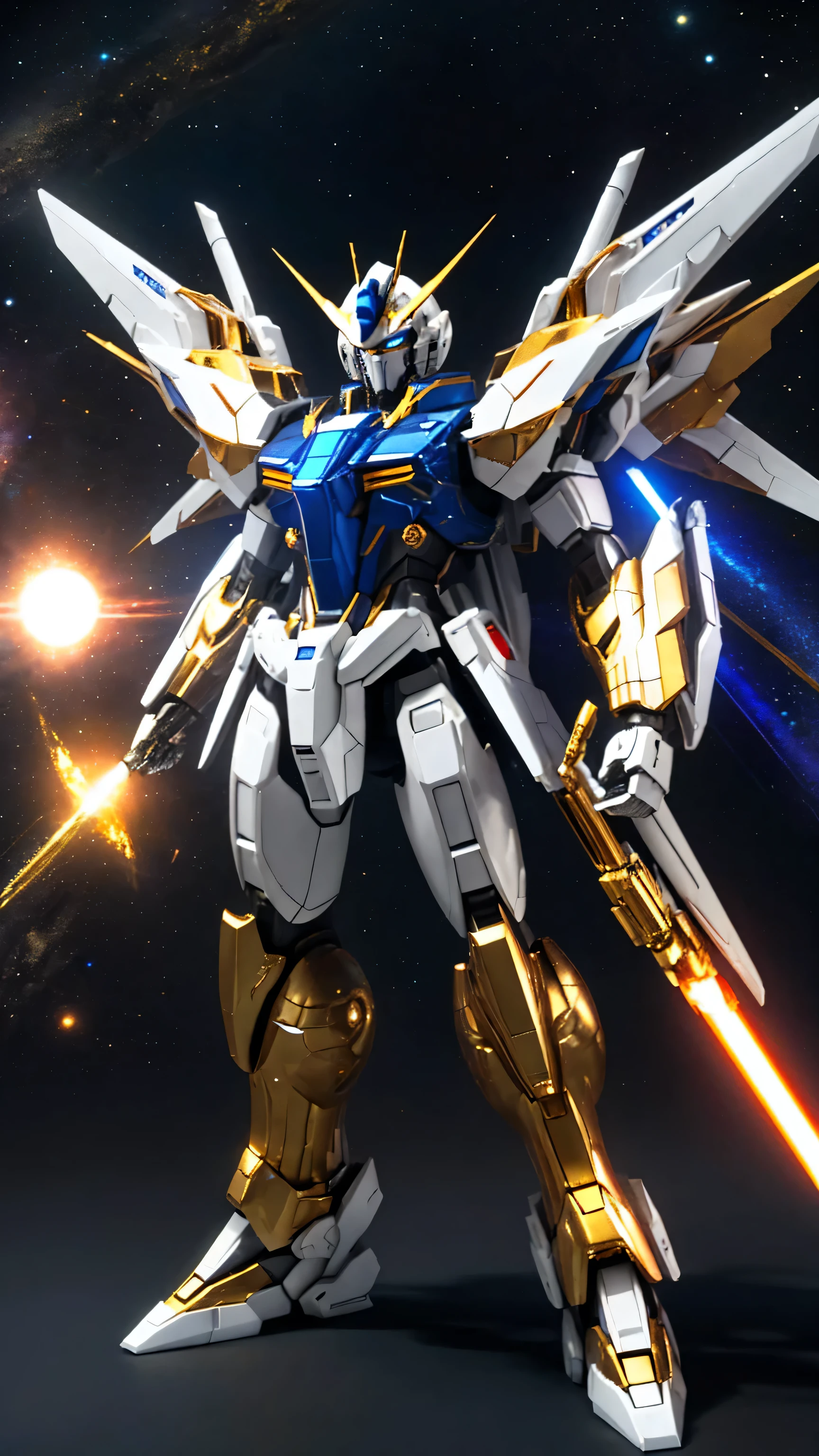 universe space、Golden light effect、Strike Freedom、Looking directly at the camera、universe spaceに浮いている、The round gold particles surround the aircraft.、He holds a rifle in his right hand and a beam saber in his left hand、(Eye color: Blue)、Aircraft color: White