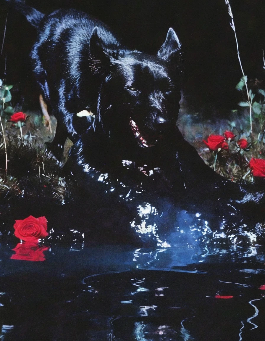wolf running in water, red winter forest background