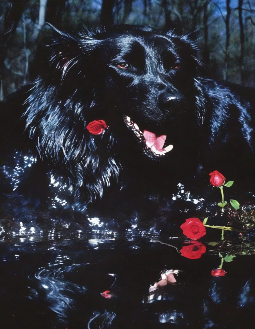 film photography, vintage, close up photo of giant black dog with red rose in black water, blue dark forest night background
