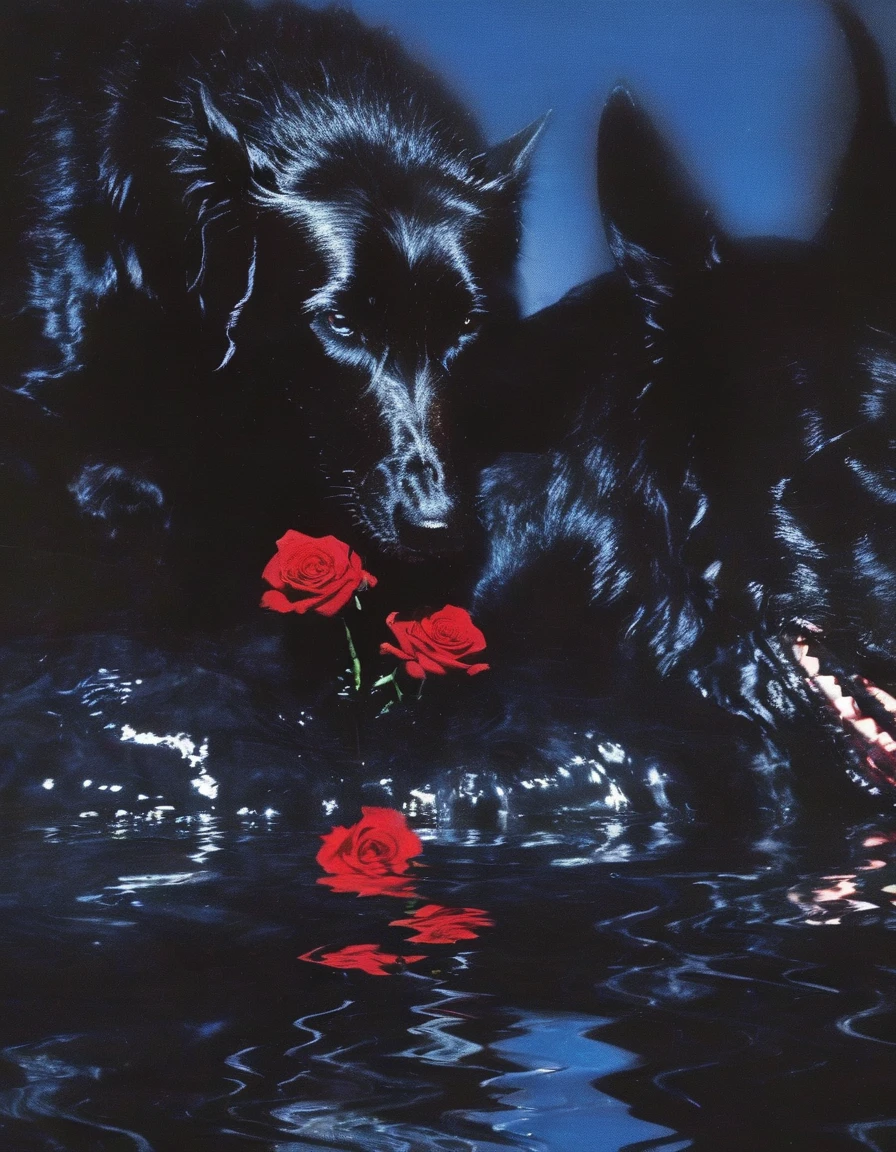 film photography, vintage, close up photo of giant black dog with red rose in black water, blue dark forest night background