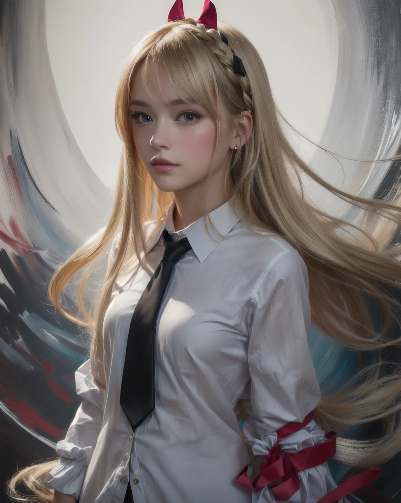 cute girl with long blonde hair and a tie standing in front of a painting, detailed digital art, portrait girl, digital illustration, portrait of an girl