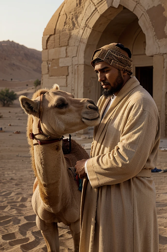 a Muslim man in a robe in the desert holding a camel