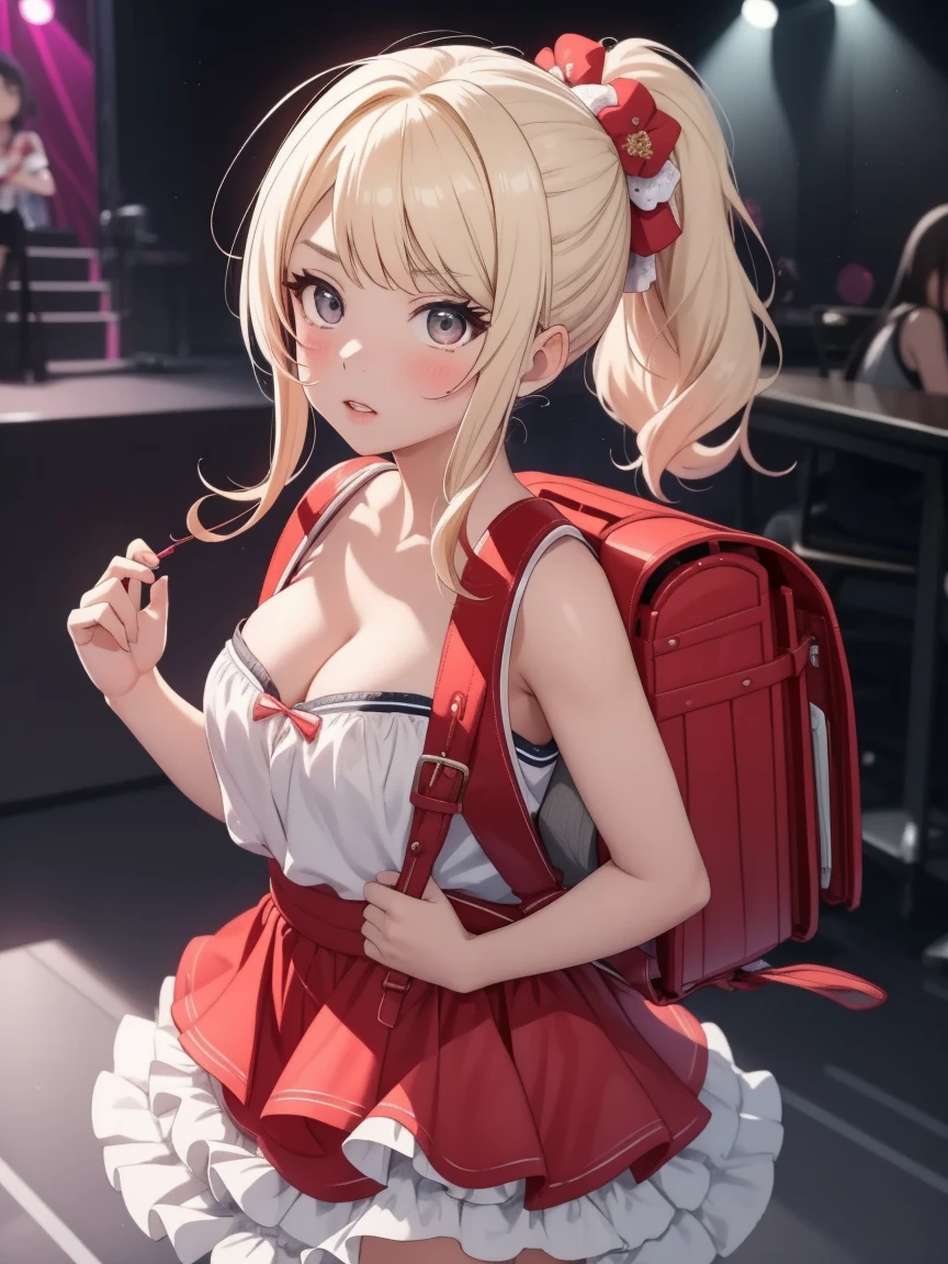 masterpiece, best quality, highly detailed, ultra high res, ayase arisa, 1girl, solo, hair ornament, blonde hair, ponytail, glossy lips, full lips, sleeveless idol dress, very puffy skirt, flared skirt, thigh highs, heeled boots, full body, cleavage, wearing red backpack, (backpack:1.2), indoor, stage