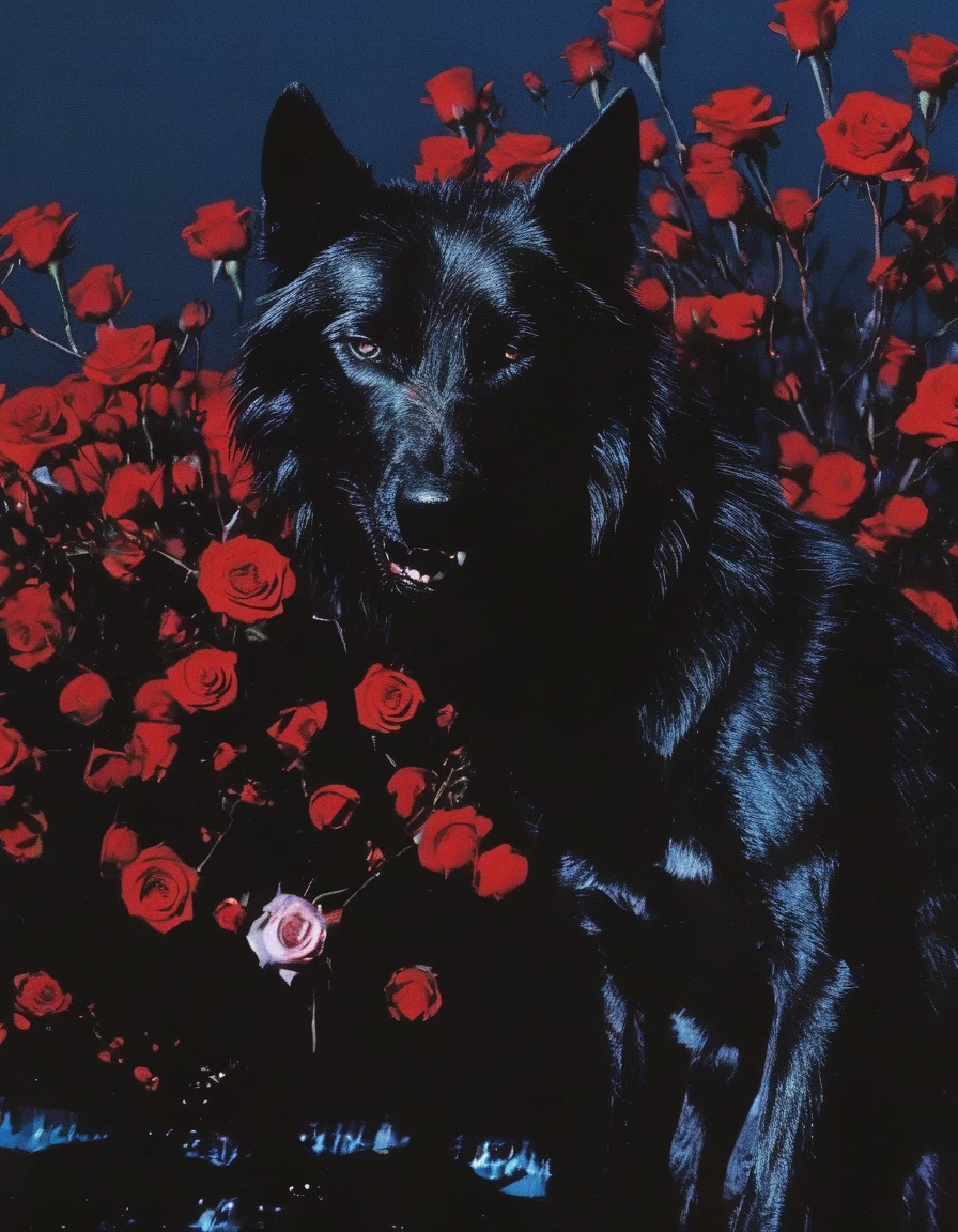 film photography, vintage, close up photo of giant black wolf with many red roses in black water, blue dark forest night background