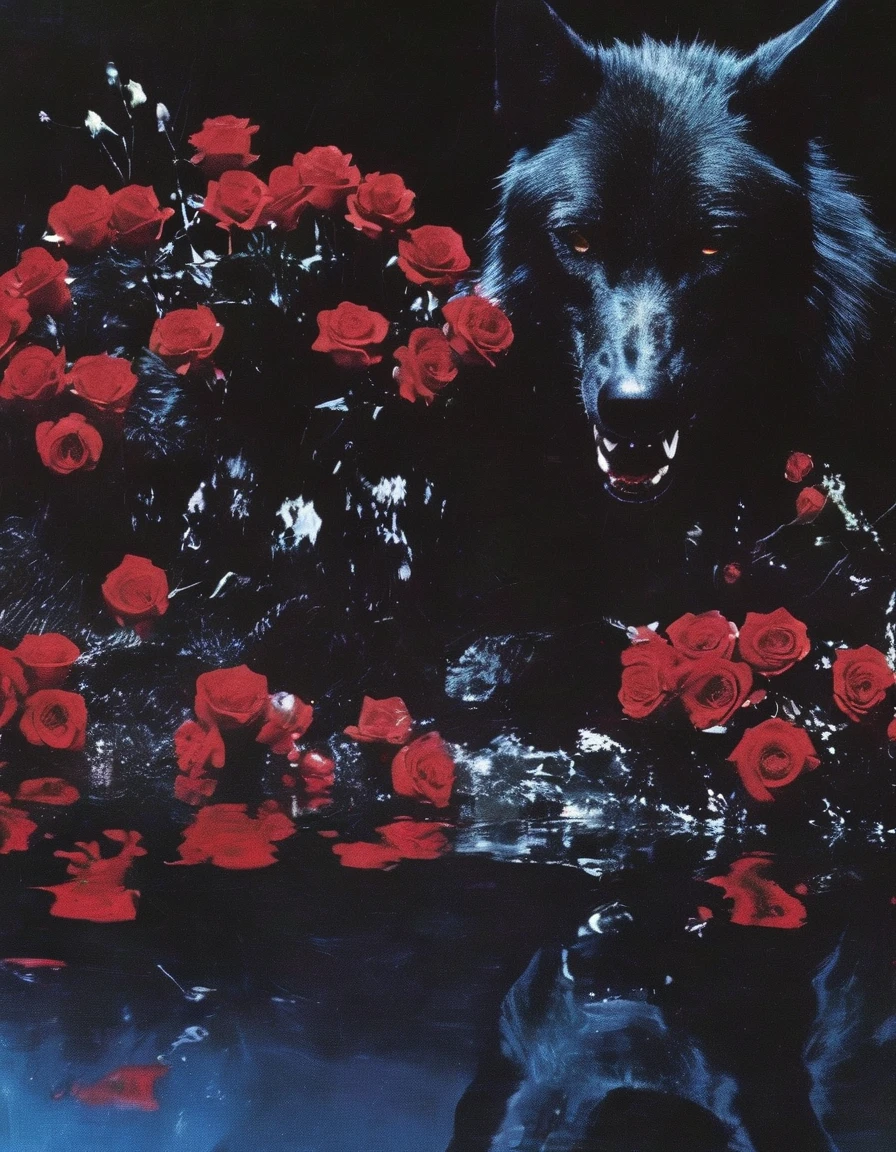 film photography, vintage, close up photo of giant black wolf with many red roses in black water, blue dark forest night background