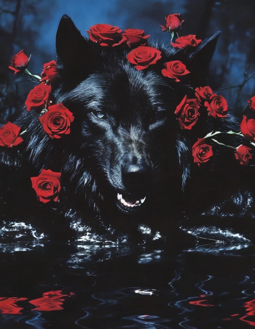 film photography, vintage, close up photo of giant black wolf with many red roses in black water, blue dark forest night background