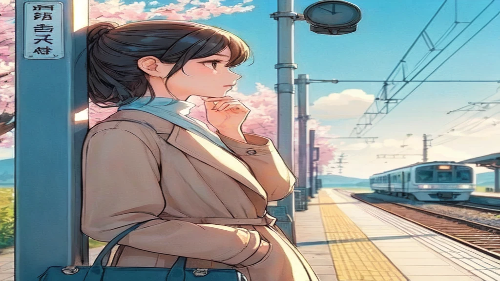 1lady solo, (from side) (side profile), standing, (stylish calm outfit) spring-like, mature female, /(black hair/) bangs, (facing away), (masterpiece best quality:1.2) delicate illustration ultra-detailed, medium breasts BREAK (train station platform:1.2) (very small station), roof, noon, (cherry blossom:0.8), blue sky, detailed background, distance view