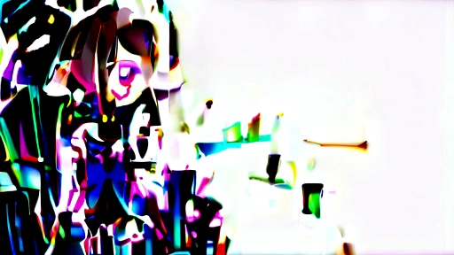 An adult woman is talking in the middle,smile,The woman is short、Brown Hair,Glowing purple eyes,Wearing rings in both ears、sitting cross-legged on a chair、Wearing a navy blue dress,Simple background.