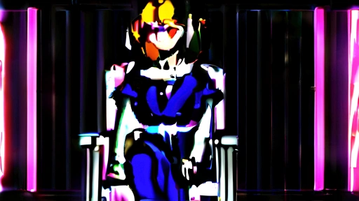 An adult woman is talking in the middle,smile,The woman is short、Brown Hair,Glowing purple eyes,Wearing rings in both ears、sitting cross-legged on a chair、Wearing a navy blue dress,Simple background.