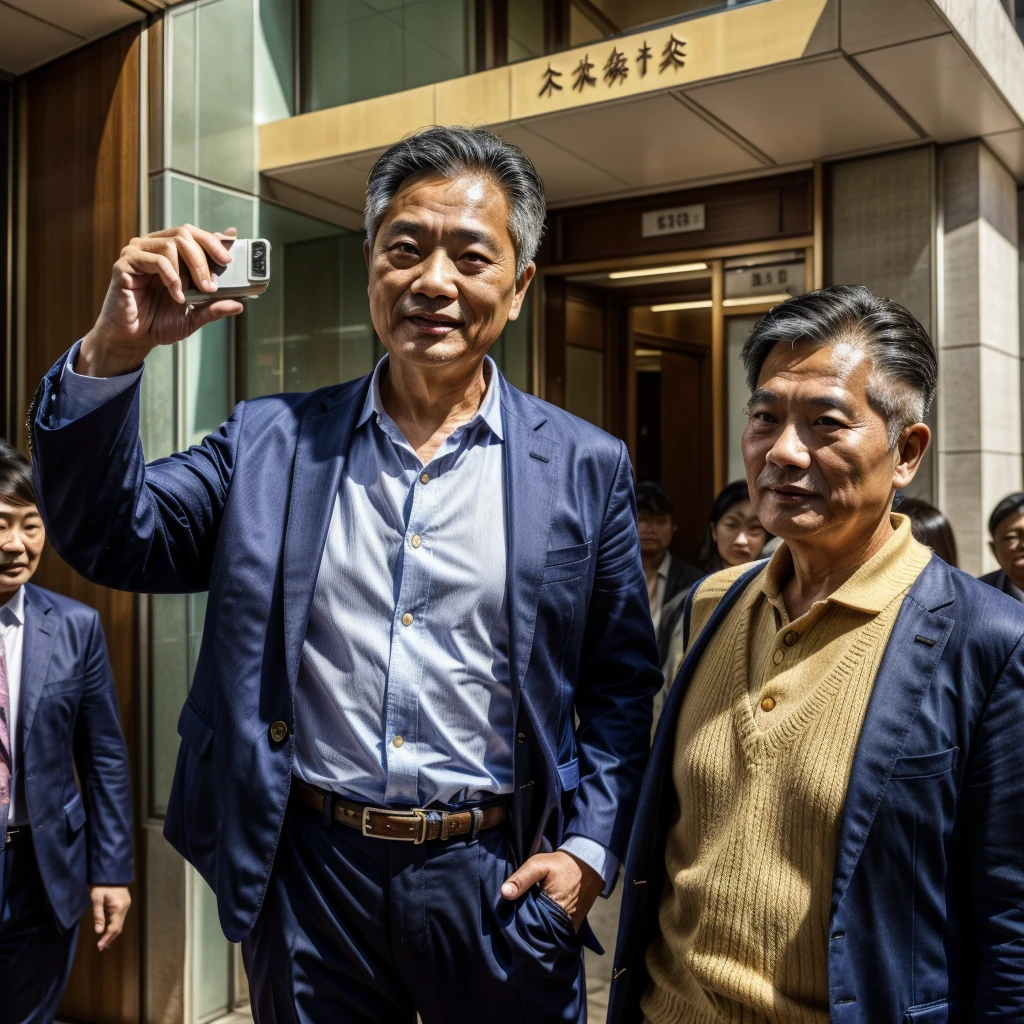 Scenes:City hall figures:A middle-aged Taiwanese man with his back to the camera:Middle-aged appearance:Taiwanese characteristic clothing:Fashionable and youthful clothing attitude:Emotional speech from the chairman's seat of a large company:confident audience:There are many Taiwanese employees and audiences in large companies