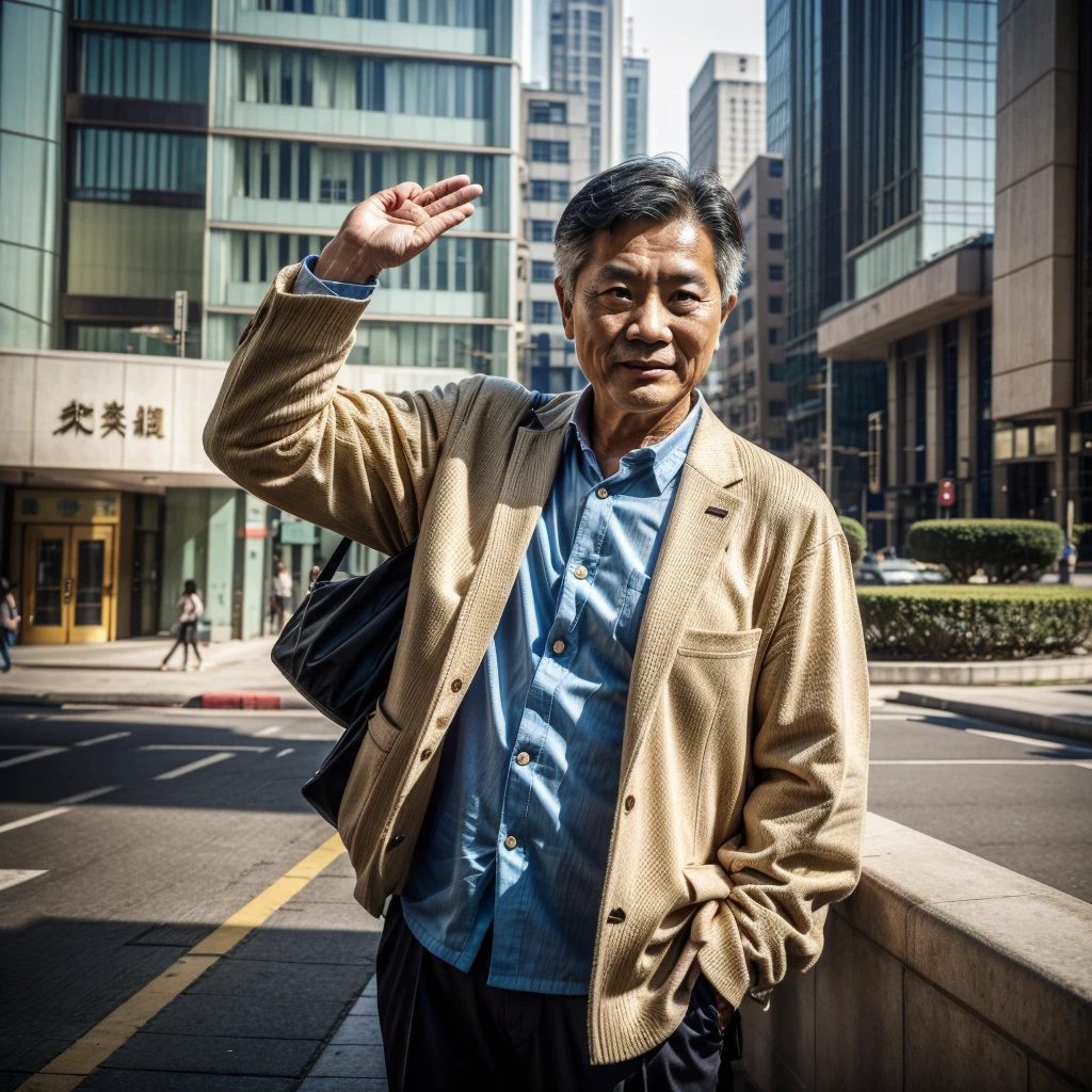 Scenes:City hall figures:A middle-aged Taiwanese man with his back to the camera:Middle-aged appearance:Taiwanese characteristic clothing:Fashionable and youthful clothing attitude:Emotional speech from the chairman's seat of a large company:confident audience:There are many Taiwanese employees and audiences in large companies