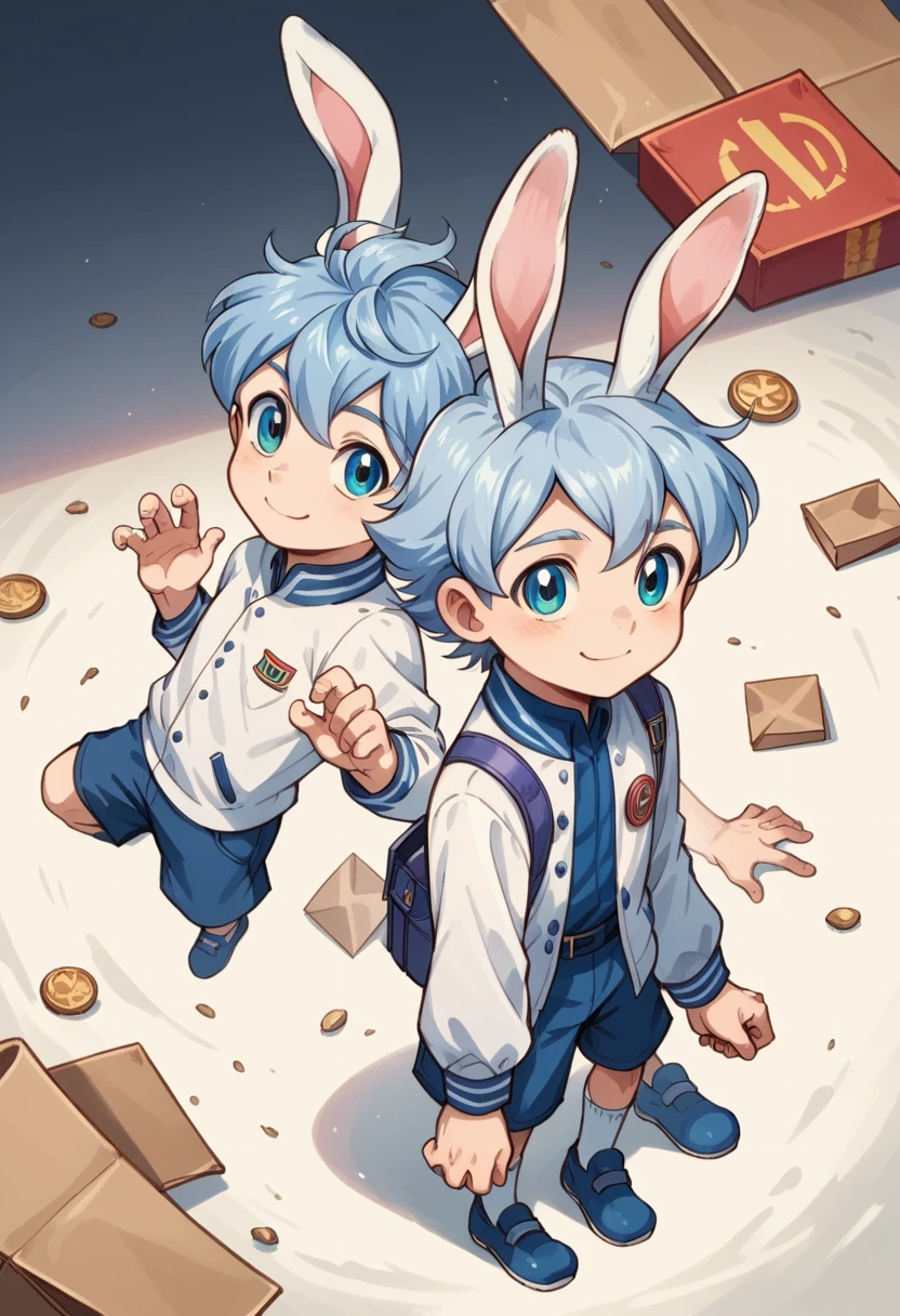 Score_9, score_8_up, score_7_up, rating_safe, Cute young naked boy, luca,blue hair, blue eyes, rabbit ears,rabbit boy,　cute face, very smail, light smile,