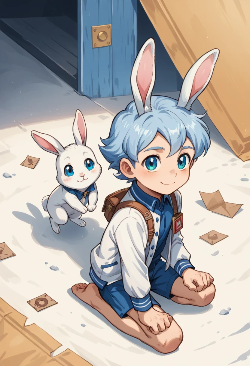 Score_9, score_8_up, score_7_up, rating_safe, Cute young naked boy, luca,blue hair, blue eyes, rabbit ears,rabbit boy,　cute face, very smail, light smile,