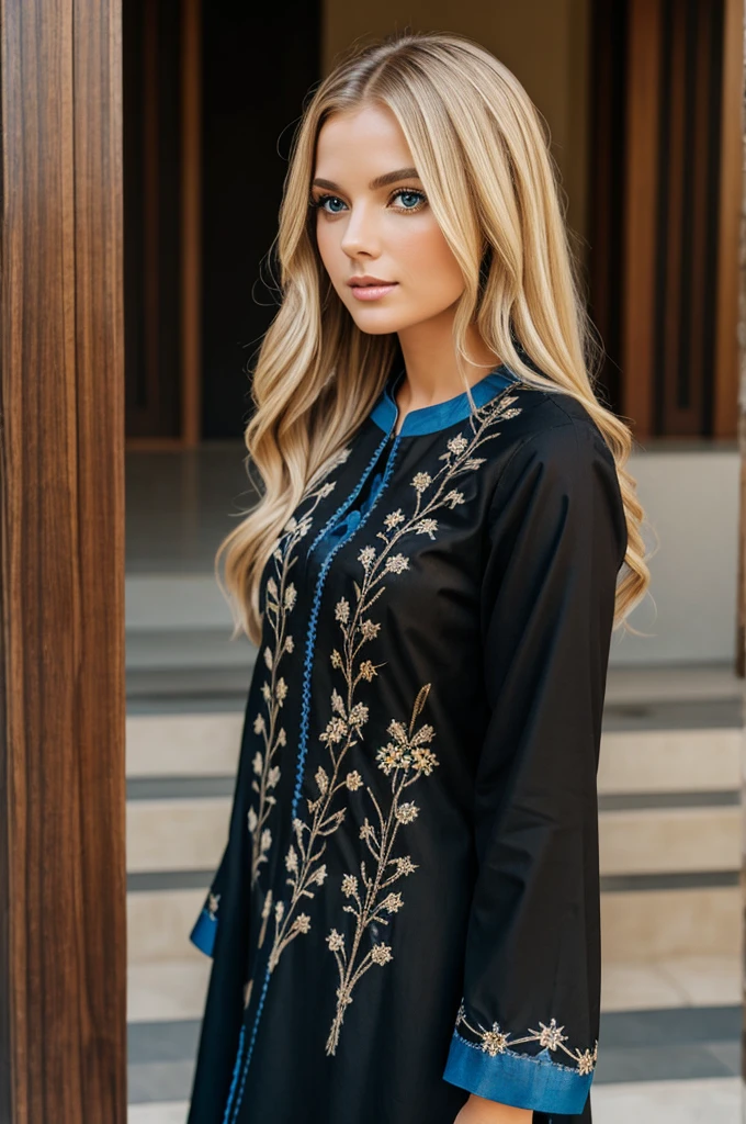 Beautiful blonde girl in long black tunic with blue embroidery 