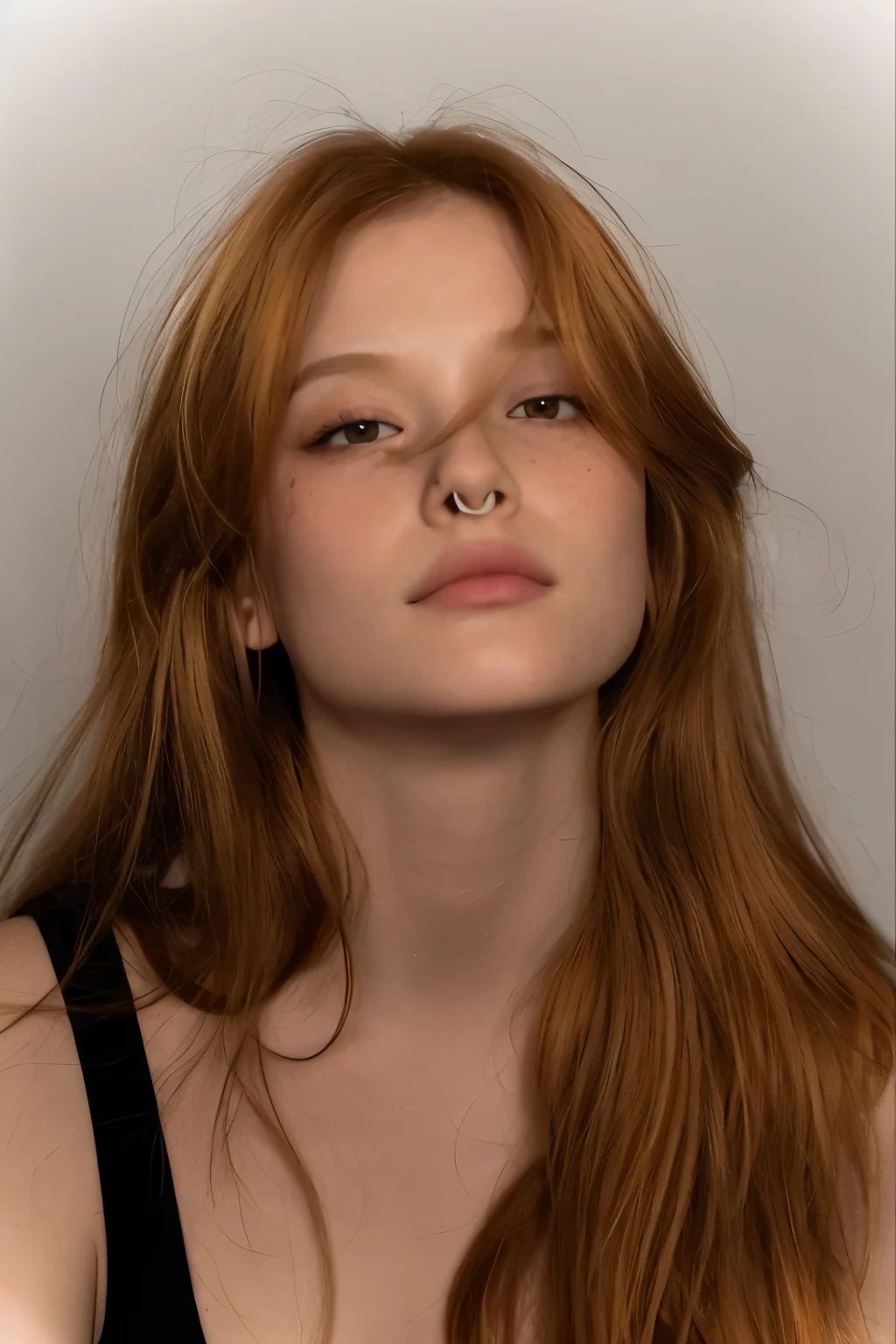 um close up de uma mulher com um non nose piercing e um anel no nariz, nose ring, piercing septal, Elden Ring inspired, non nose piercing, thin button nose, nose, small lips pointy nose, hot julia, no nose, small and straight nose, nariz up, Small round face, small nose with freckles, pretty aquiline nose, ellie bamber