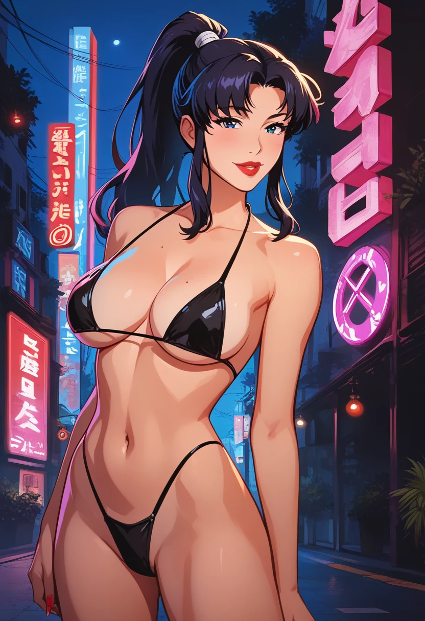 score_9, score_8_up, score_7_up, score_6_up, score_5_up, score_4_up, 1girl, Misato Katsuragi, view from front, athletic, ponytail, (long black hair), bright detailed blue eyes, (big breasts), facing viewer, closeup of face, seductive look, cleavage, arched back, (wearing black micro bikini, black thong), standing, tiny waist, narrow hips, (flat stomach), neo tokyo well lit highrise building, filled with neon signs, well lit by red neon lights, translucid, fine red lips, pinup pose, official art, masterpiece, cel-shaded, source_painted_concept_art BREAK