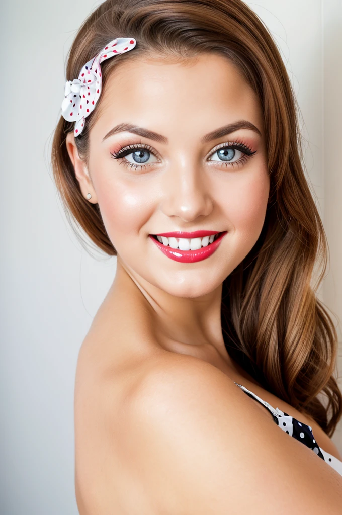 35mm portrait photography front centered composition girl smiling playfully posing sexy pin up dressed in a polka dot dress in pinup style white background beautiful eyes, perfect skin, detailed skin, big, beautiful fingers and nails , (4K, ultra detailed) air kiss